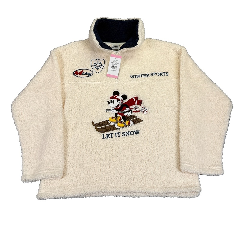 Disney Mickey Mouse Winter Sherpa 1/4 Zip Pullover Jacket Womens Sz S Off-White